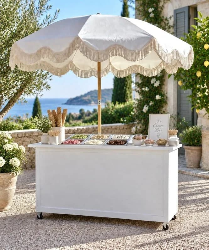 A white cart under a fringed parasol, laid with food on a terrace above the sea