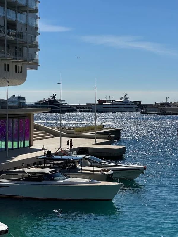 Yachts moored in a marina under a clear sky